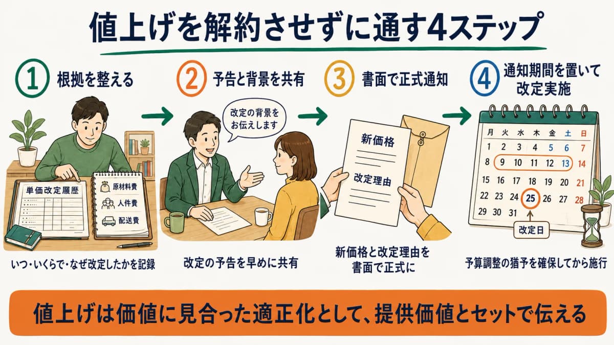 値上げを解約させずに通す通知ステップのフロー図。根拠整理から事前通知、価値提示、改定実施までの流れ