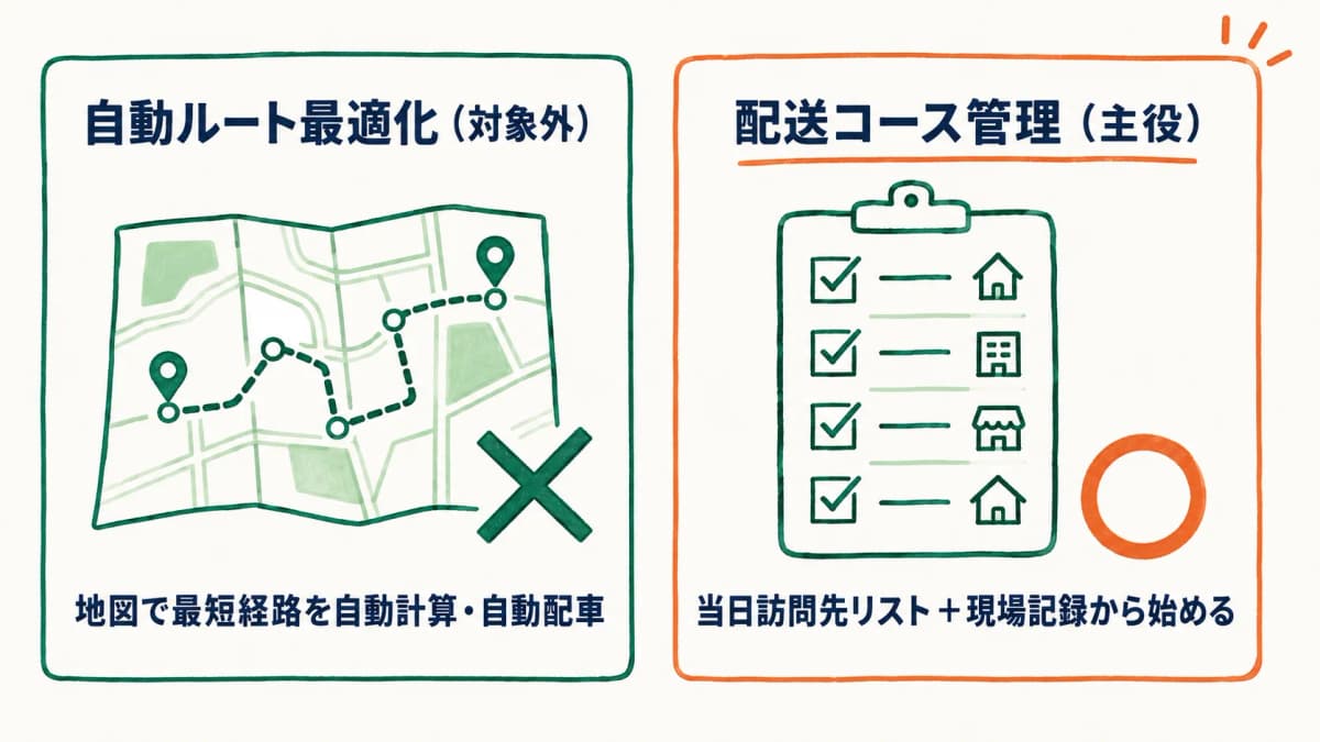 配送効率化の2軸を対比した早見表。自動ルート最適化は本記事の対象外、配送コース管理と当日訪問先リストが主役であることを示す図