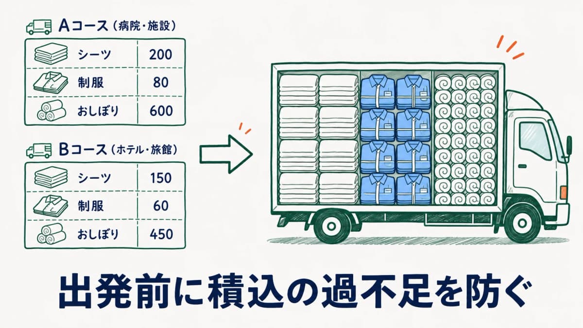 コース×品目の積込段取りリストの仕組み図。出発前に品目ごとの予定数量を集計し、積込の過不足を防ぐ流れを示した図