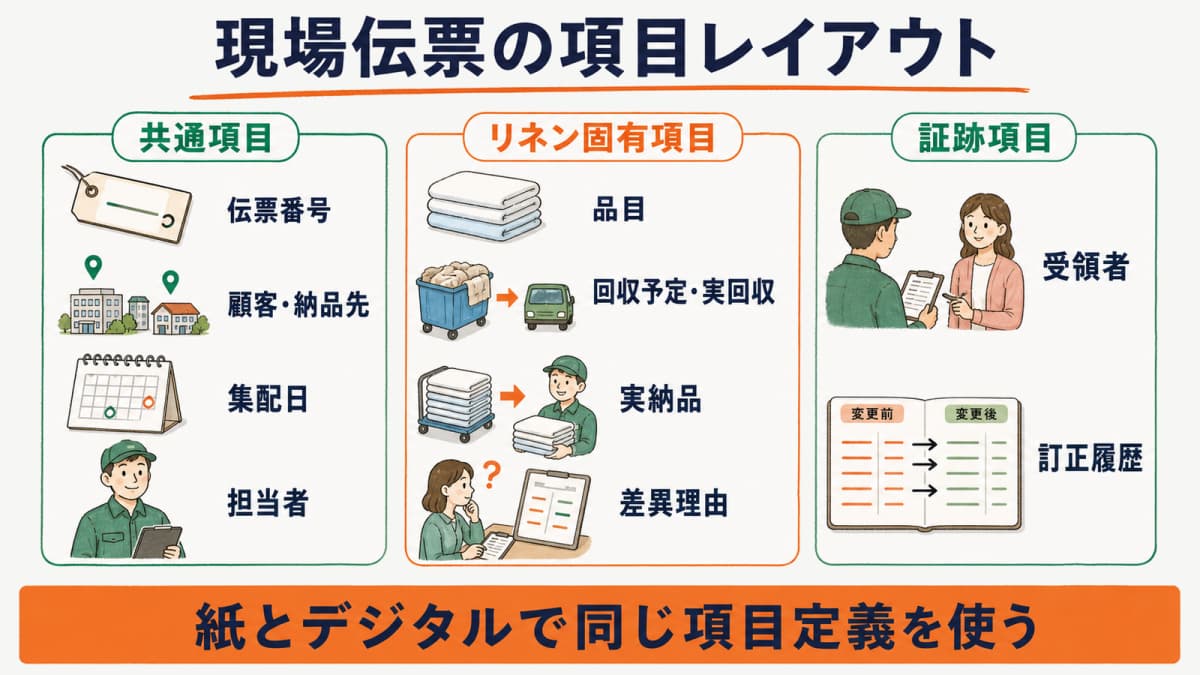 現場伝票に置く共通項目とリネン固有項目のレイアウト