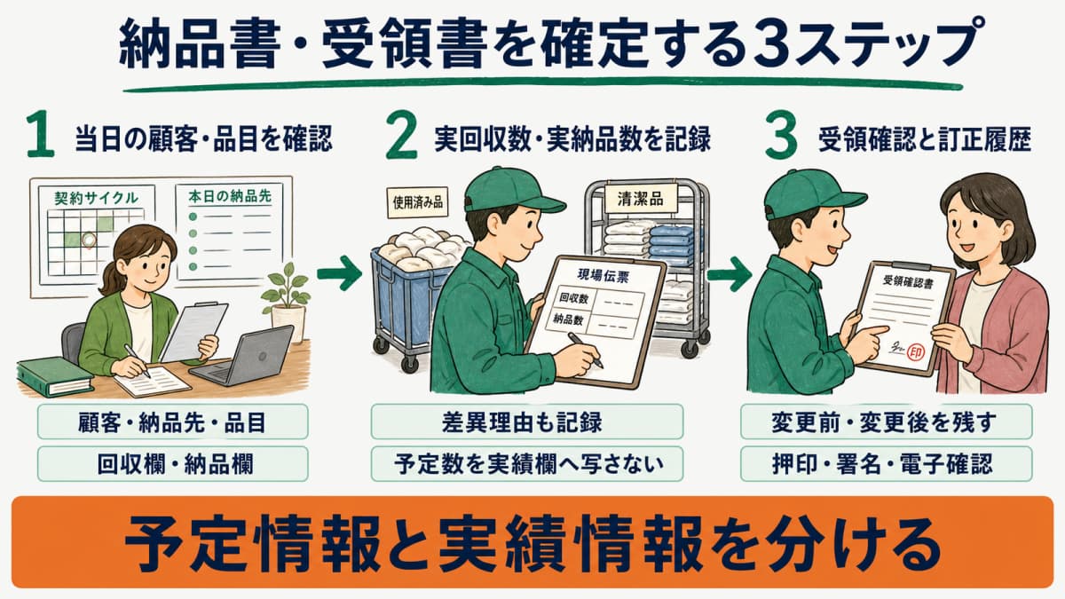 契約サイクルの確認から現場記録と受領確定までの3ステップ