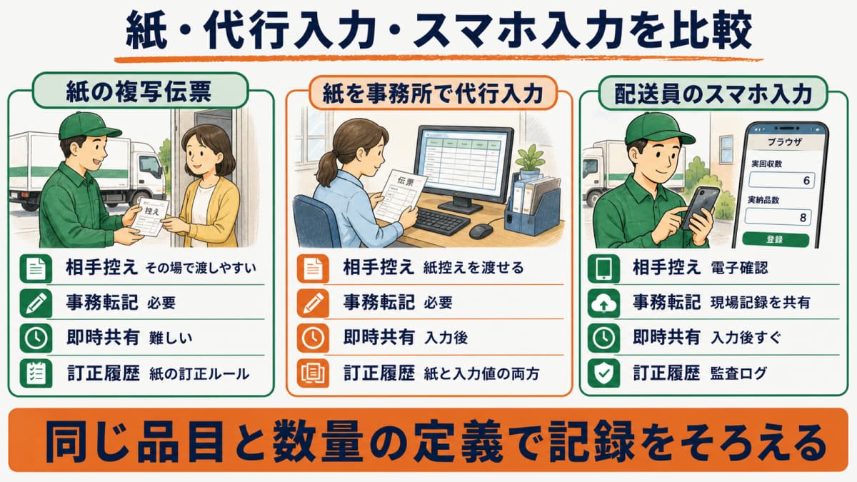 紙の複写伝票と代行入力とスマホ入力を同じ項目で比べる比較表