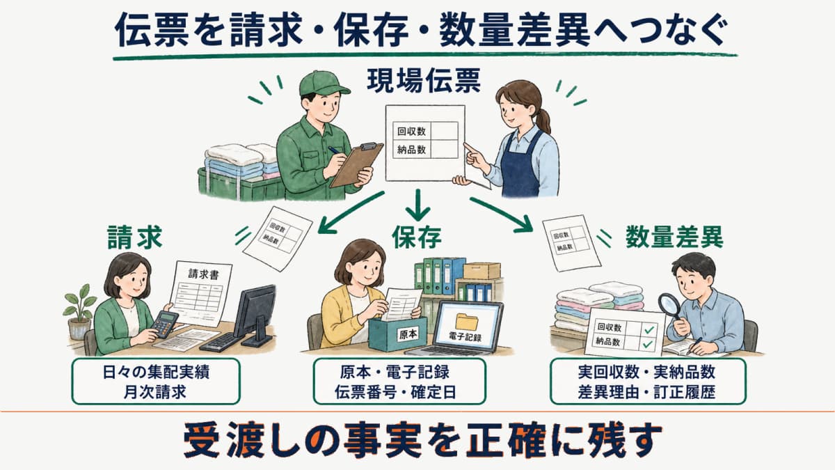現場伝票から請求と電子保存と数量差異へつなぐ接続図