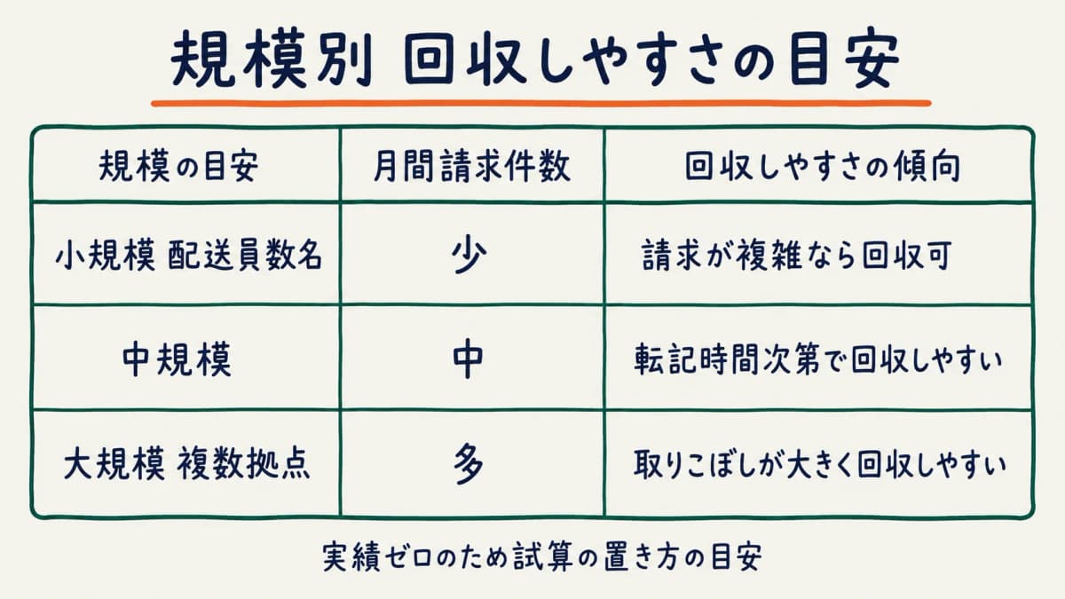 配送員数・拠点数・月間請求件数別に回収しやすさの傾向を示す規模別の早見表