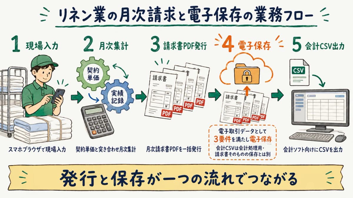 現場入力から月次集計・請求書PDF・電子保存・会計CSVまでの業務フロー図