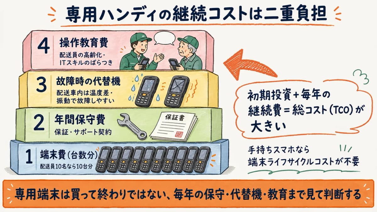 専用ハンディ導入で発生する継続コスト(端末費・年間保守費・代替機・教育費)の二重負担イメージ