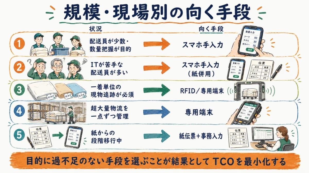 規模別おすすめ早見表(配送員人数・IT習熟度・一着単位管理要否・紙併用要否から向く手段を中立判定)