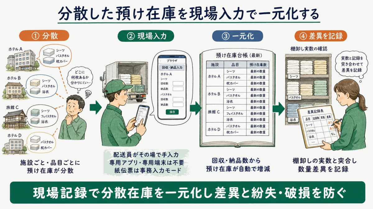 施設別品目別に分散した預け在庫を現場入力で一元化し、差異と紛失破損を防ぐ在庫可視化の仕組み図