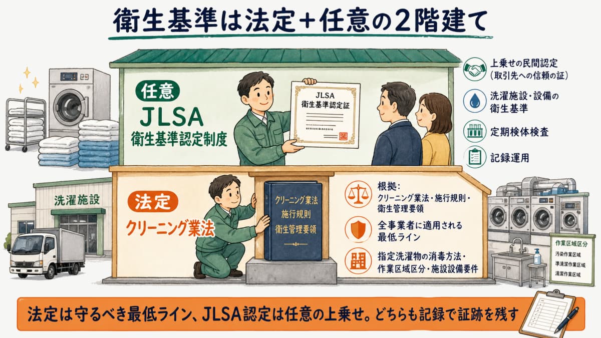 リネンサプライの衛生基準がクリーニング業法(法定)とJLSA衛生基準認定制度(任意)の2階建てで構成されることを示す早見表