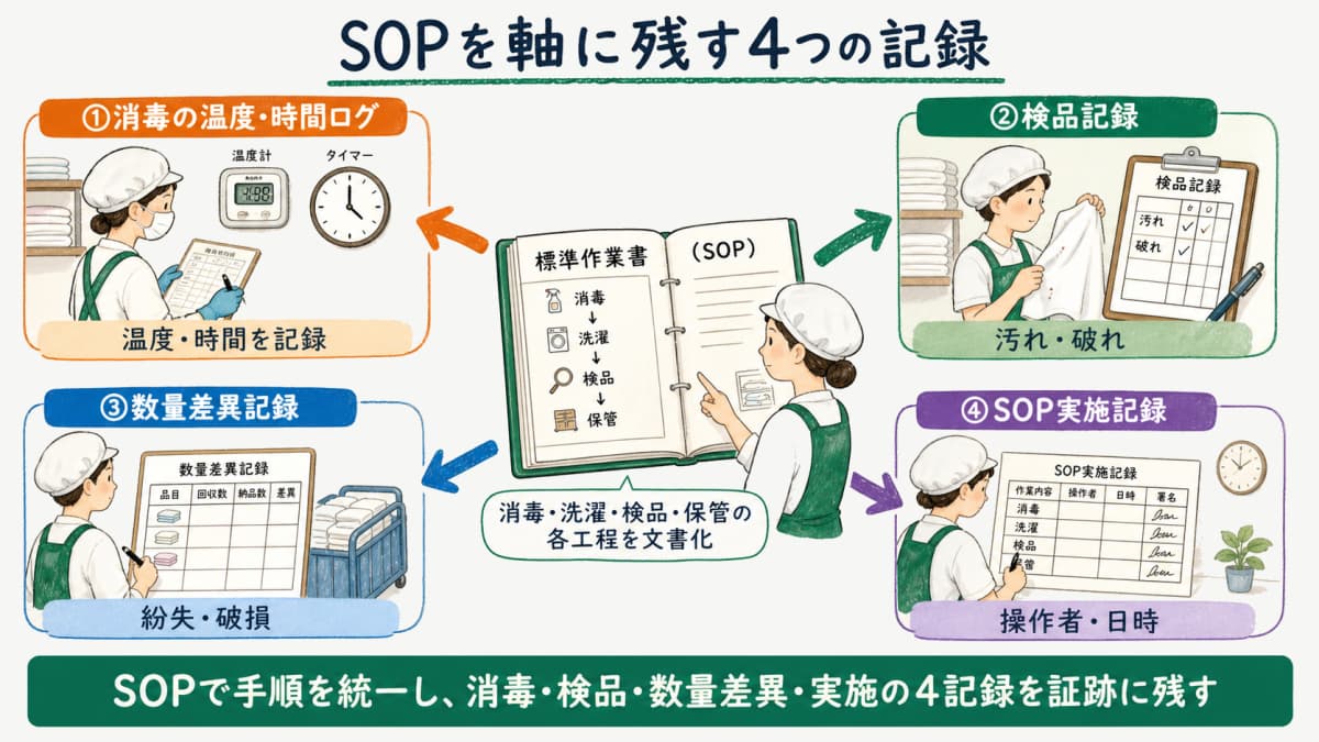 標準作業書(SOP)を軸に消毒・検品・数量差異・SOP実施の4種類の記録を残す運用の全体像を示す図