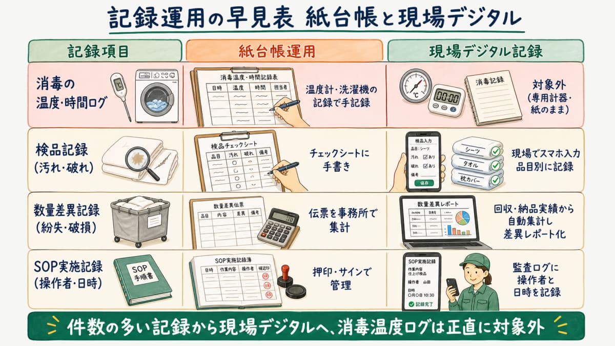 衛生基準で求める記録項目を紙台帳運用と現場デジタル記録で対比し、消毒温度ログは対象外と正直に切り分けた記録運用早見表