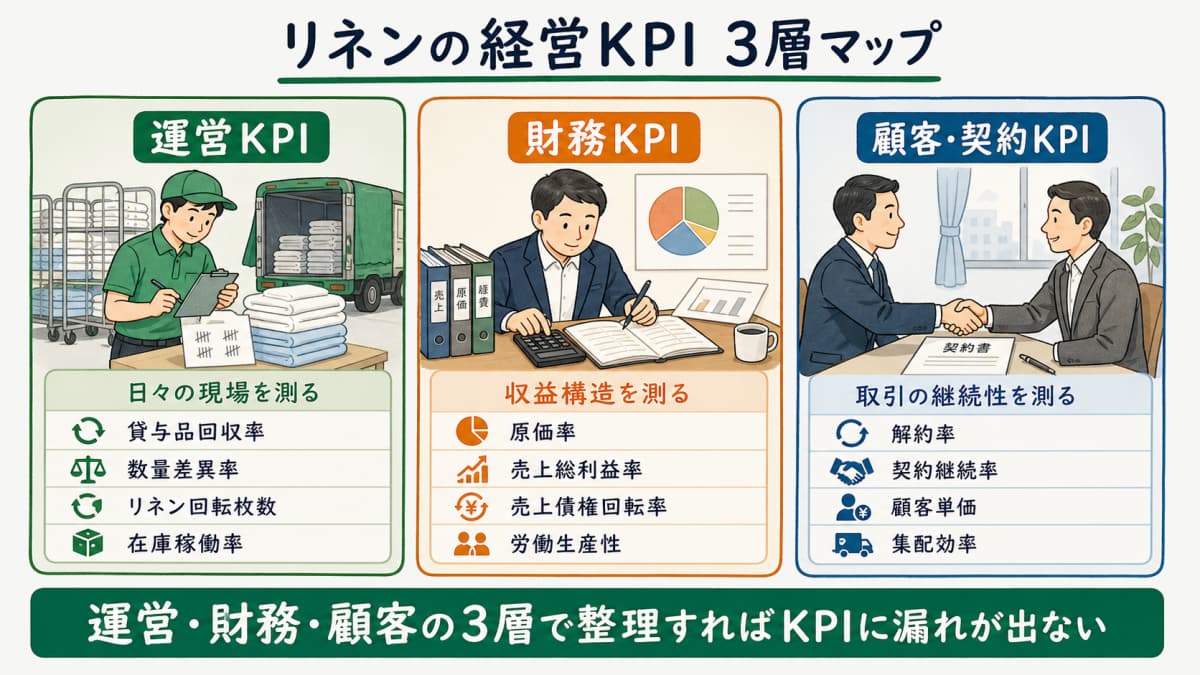 リネンサプライの経営KPIを運営KPI・財務KPI・顧客契約KPIの3層に分けて示した全体像の早見図