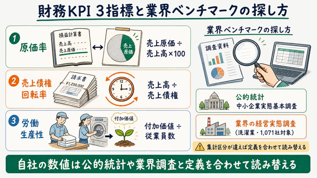 原価率・売上債権回転率・労働生産性の算出式と業界ベンチマーク参照先を整理した財務KPIの図