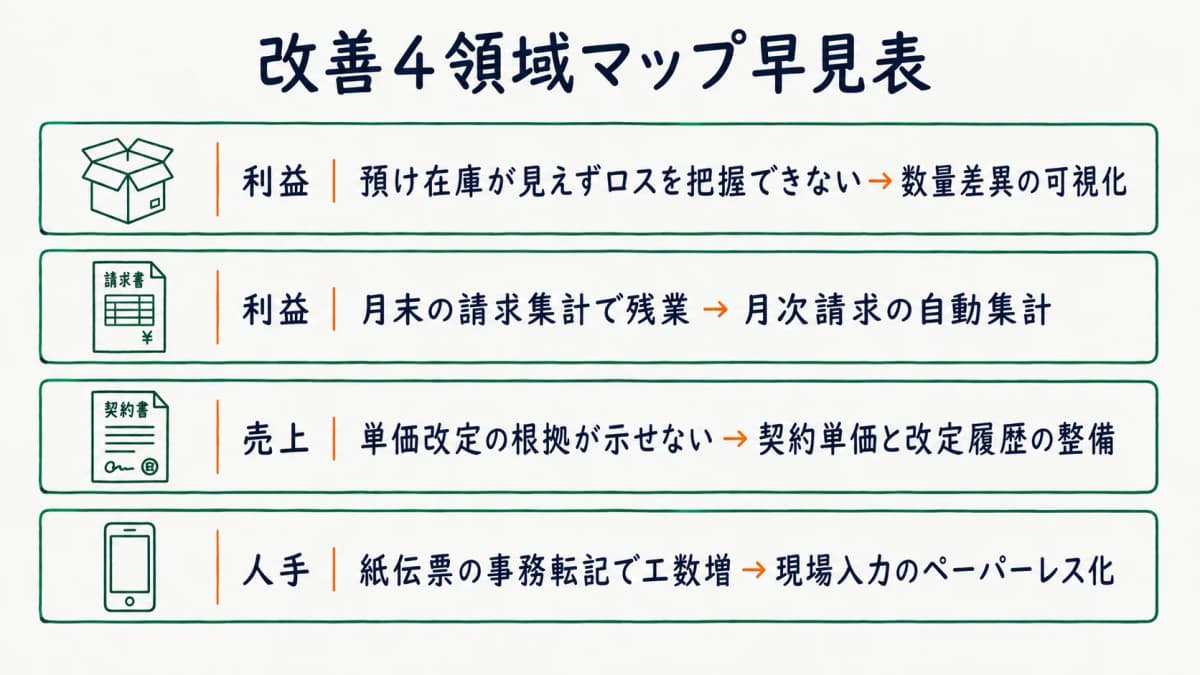 改善4領域マップ早見表。売上・人手・利益・継続の各領域と代表的な経営課題、打ち手、担当記事を一覧化した図