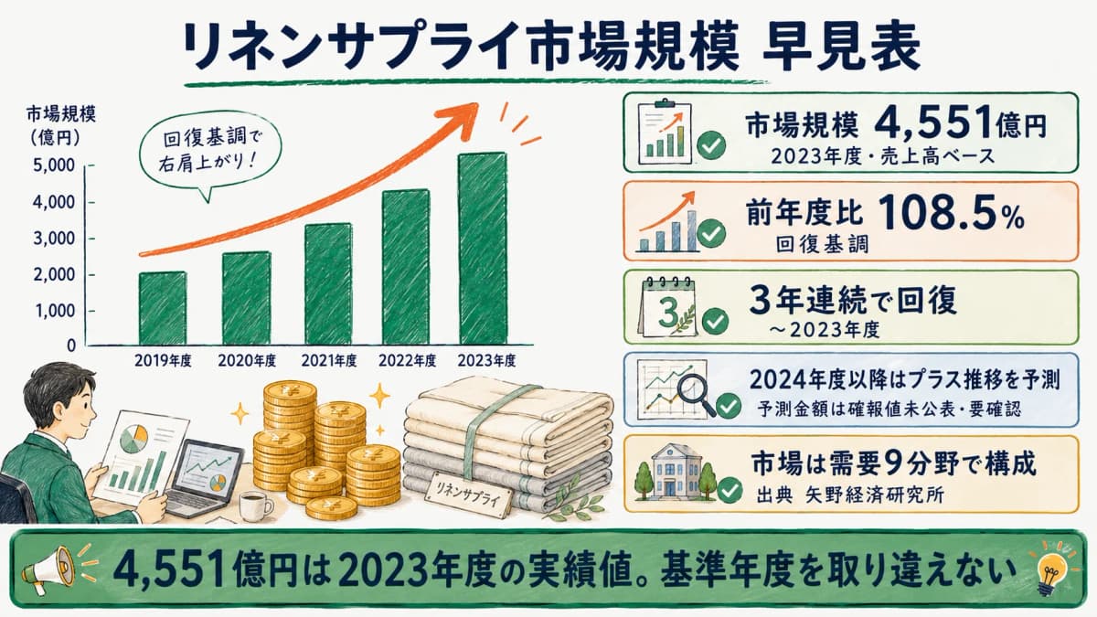 リネンサプライ市場規模の早見表。2023年度4,551億円・前年度比108.5%・3年連続回復を出典と基準年度つきで整理した図