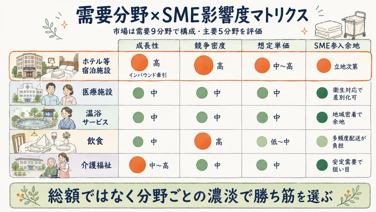9つの需要分野を縦軸、成長性・競争密度・想定単価・参入余地を横軸にしたSME影響度マトリクス。ホテル分野を強調表示した独自図