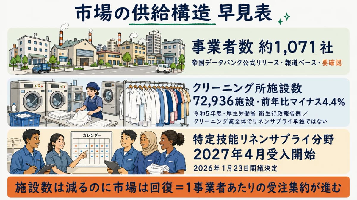 市場の供給構造の早見表。事業者数約1,071社と施設数72,936を出典と注記つきで整理した図