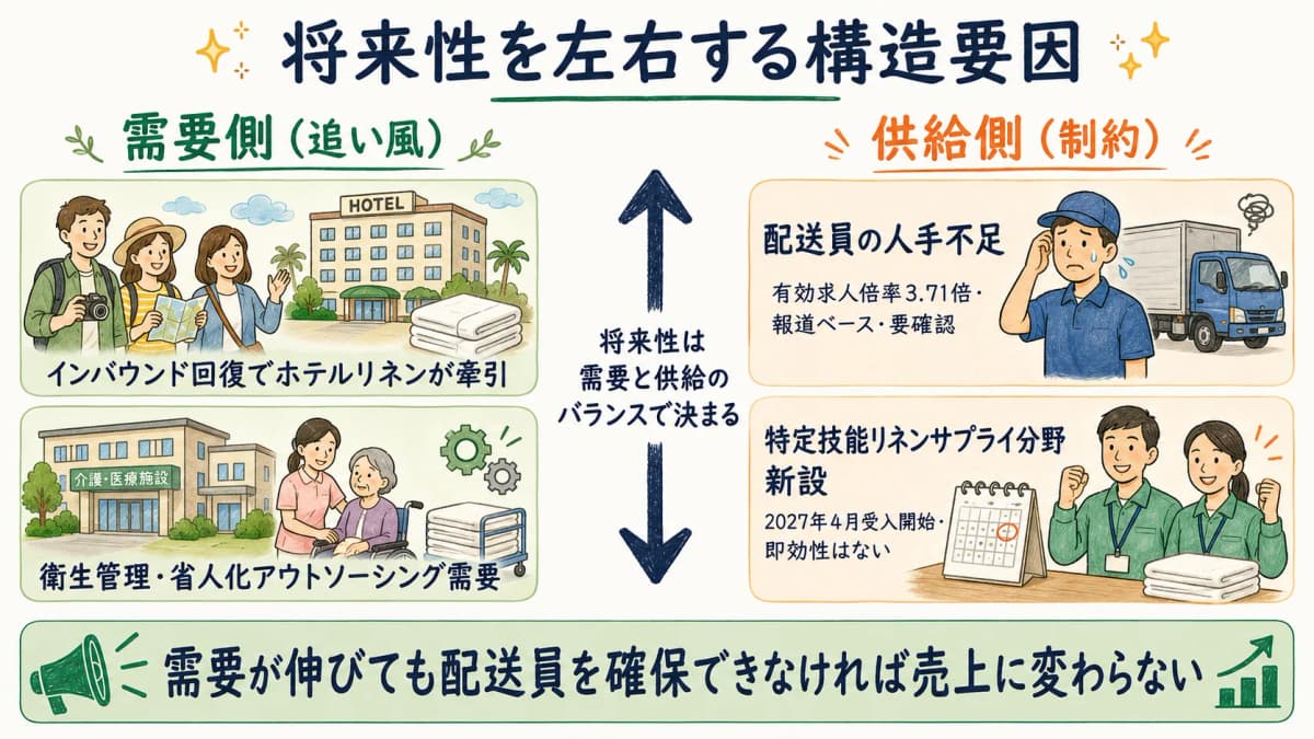 需要側と供給側を対比した将来性の構造要因マップ。インバウンド回復・衛生省人化と、人手不足・特定技能新設を整理した図