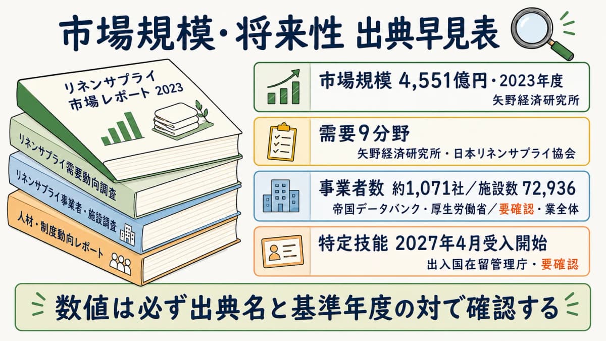 市場規模・需要分野・供給・人材の出典を出典名と基準年度と数値の対で1枚に集約した出典早見表