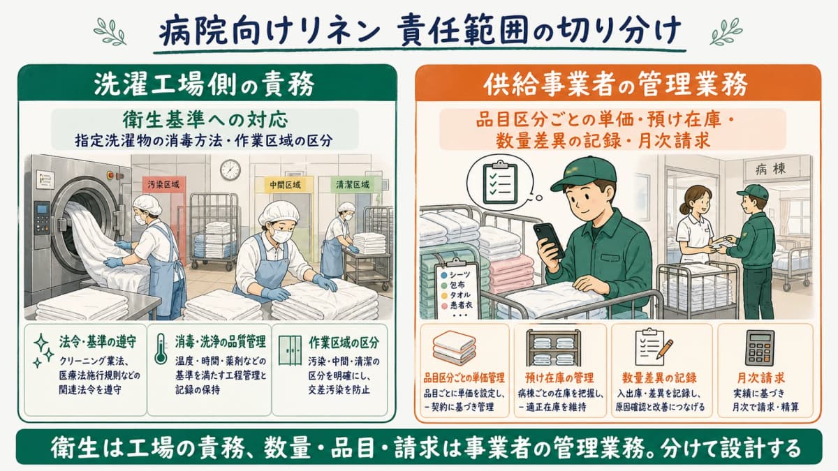 衛生基準対応は洗濯工場側の責務、数量・品目・請求は供給事業者の管理業務という病院向けリネンサプライの責任範囲切り分け早見図
