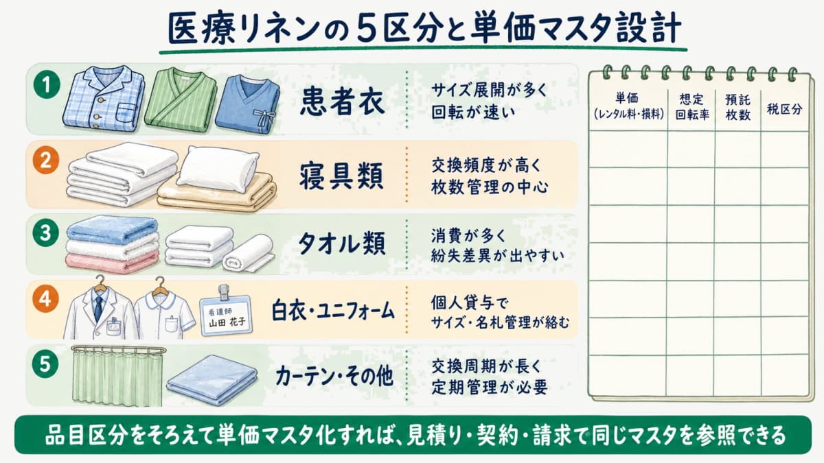 患者衣・寝具類・タオル・白衣・カーテンの品目区分と単価マスタ列設計の対応を示す早見表
