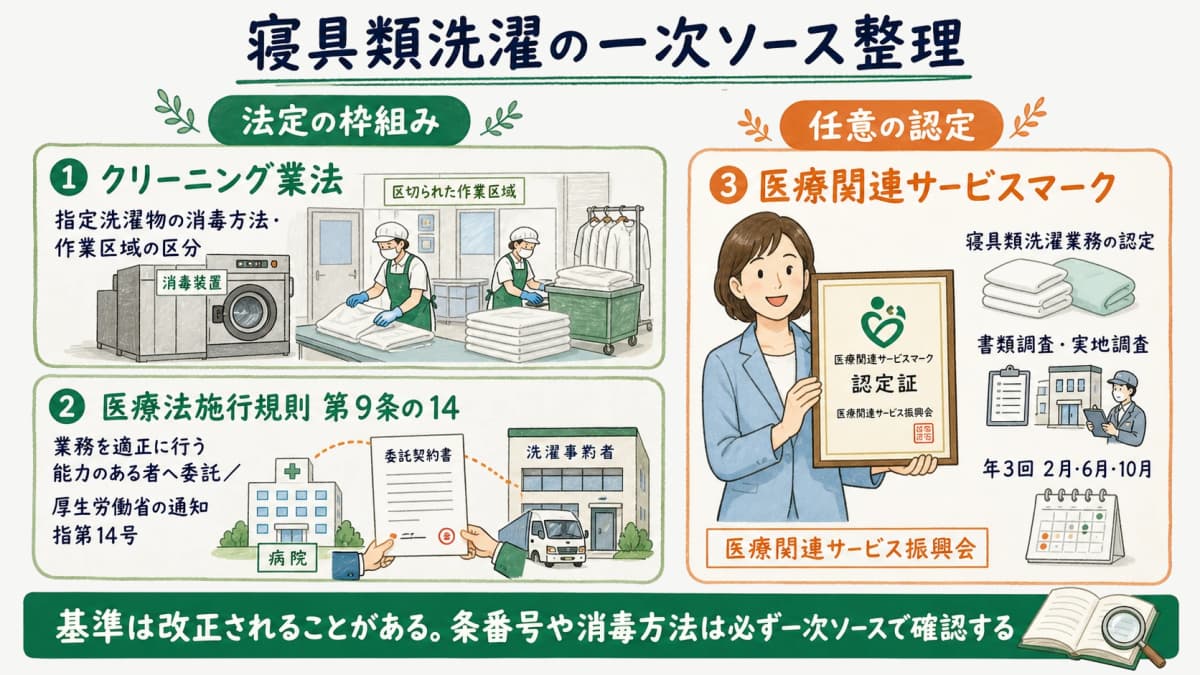 クリーニング業法の消毒基準・医療法施行規則の委託先要件・医療関連サービスマーク認定の関係を示す一次ソース整理図