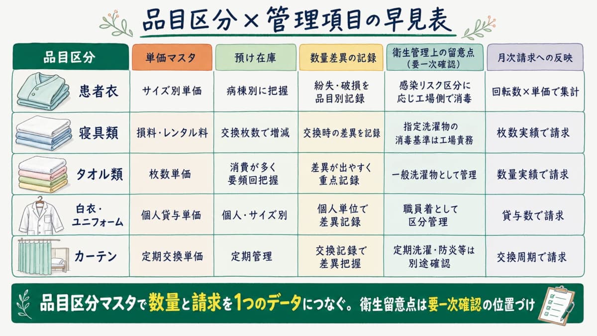 医療リネンの品目区分と単価・預け在庫・数量差異・衛生留意点・月次請求の管理項目を対応づけた早見表