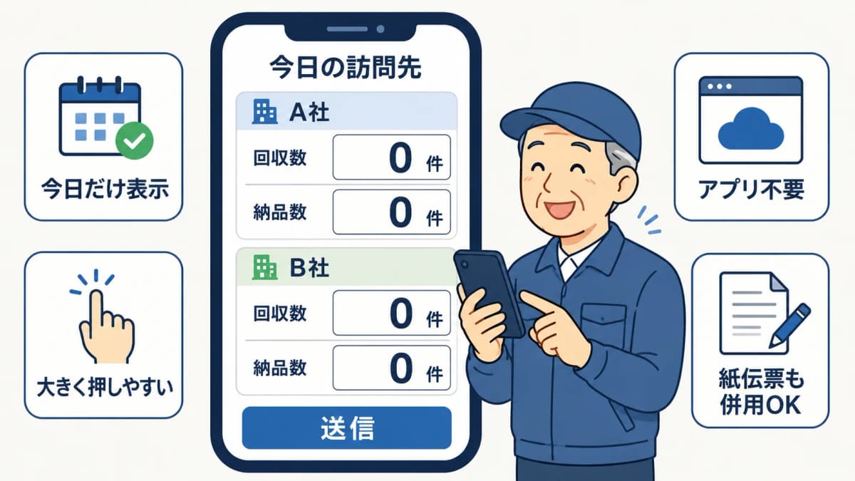 高齢配送員向けUXの工夫を示す図(当日訪問先のみ表示・数量手入力・アプリ不要・紙併用)