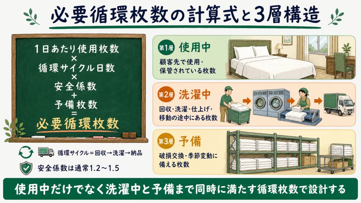 1日使用量×循環サイクル日数×安全係数+予備で必要循環枚数を求める計算式と、使用中・洗濯中・予備の3層構造を示した図