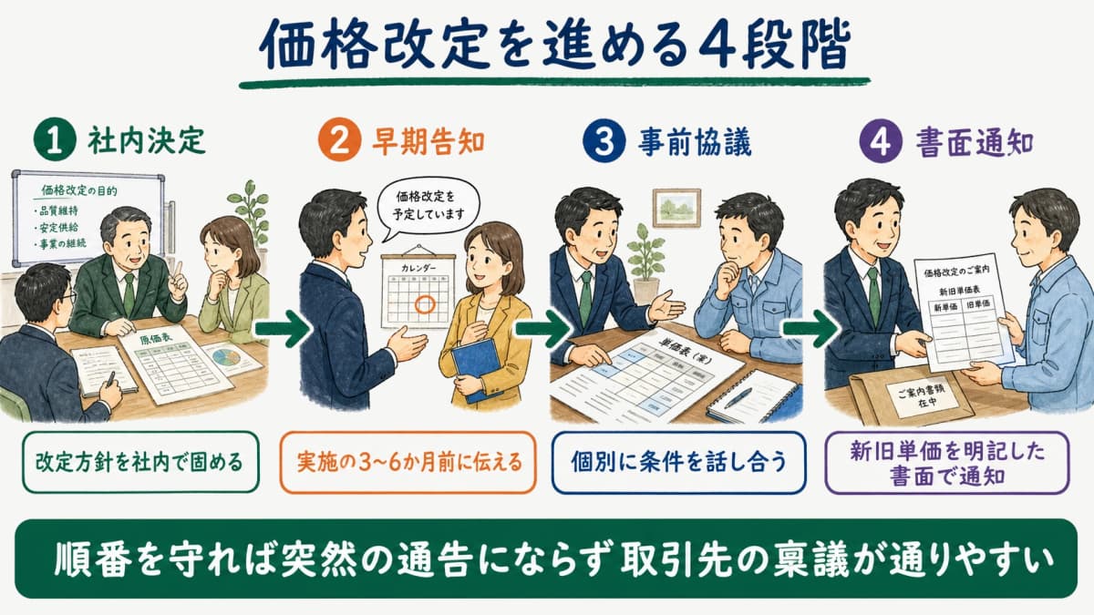 リネンサプライの価格改定を社内決定・早期告知・事前協議・書面通知の4段階で進める全体フロー図