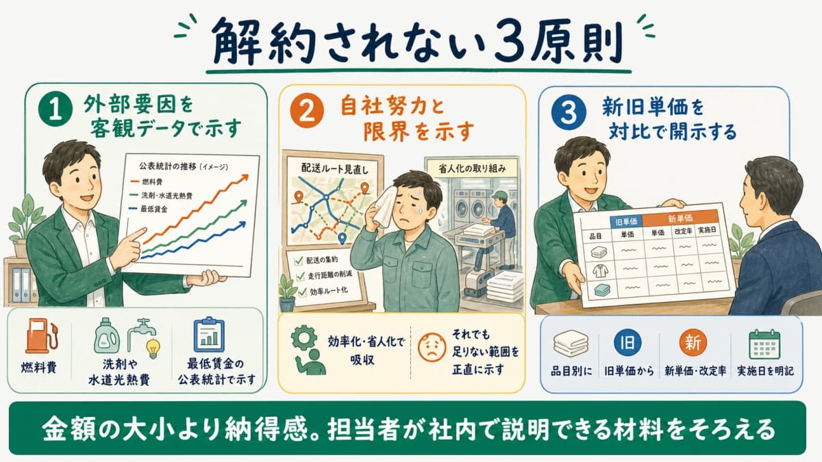 外部要因の事実・自社努力の限界・新旧単価の対比という価格改定3原則を示す図