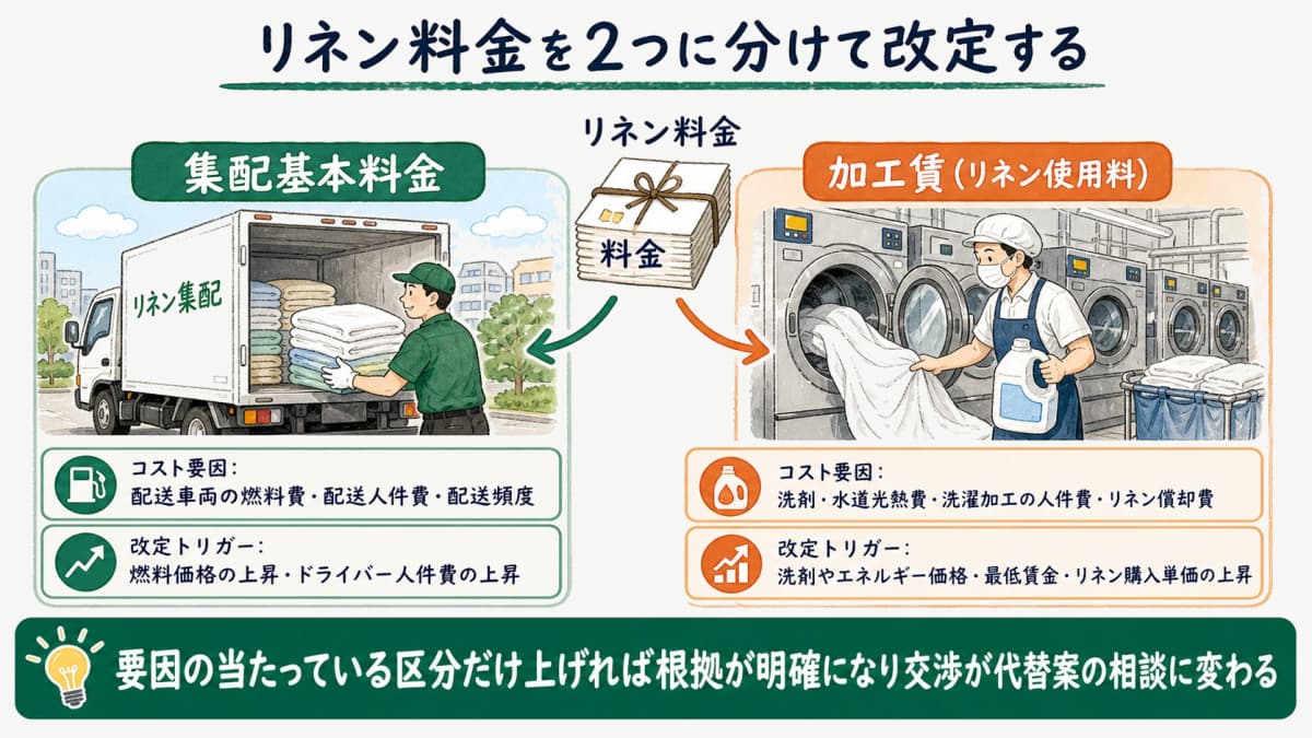 集配基本料金と加工賃を分けてコスト要因ごとに改定するリネン料金の分解図