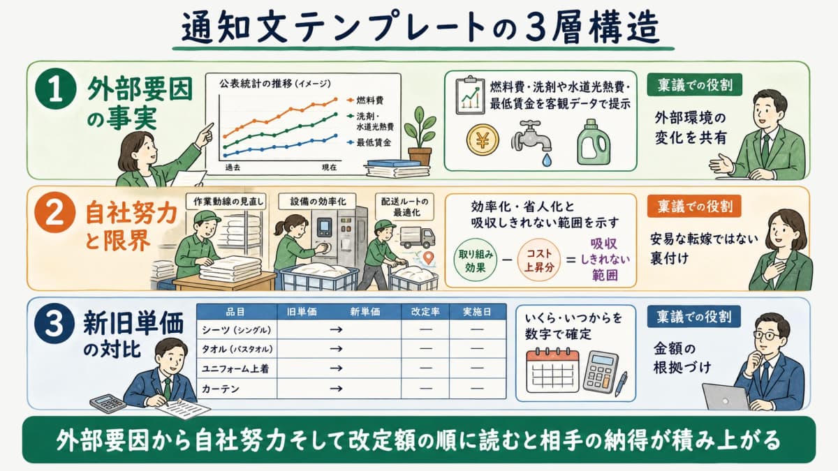 外部要因の事実・自社努力と限界・新旧単価対比の3層で構成する価格改定通知文テンプレートの構造図
