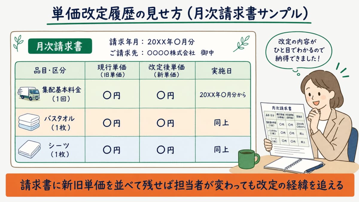 月次請求書に旧単価と新単価を並べて示す単価改定履歴の見せ方サンプル表