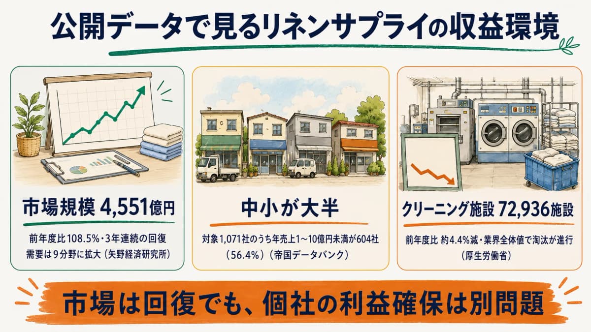 矢野経済研究所と厚生労働省の公開データで収益環境を示す権威ブロック図