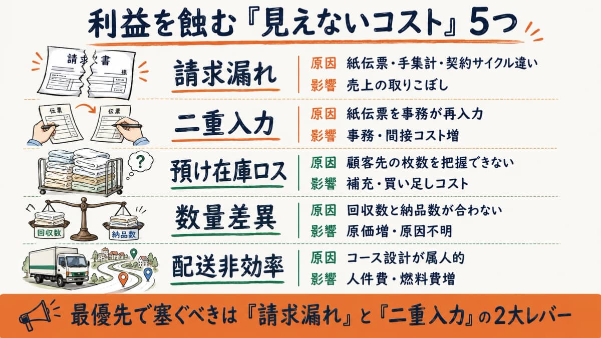 利益を蝕む見えないコスト5つを項目・原因・影響・所管記事で整理した早見表