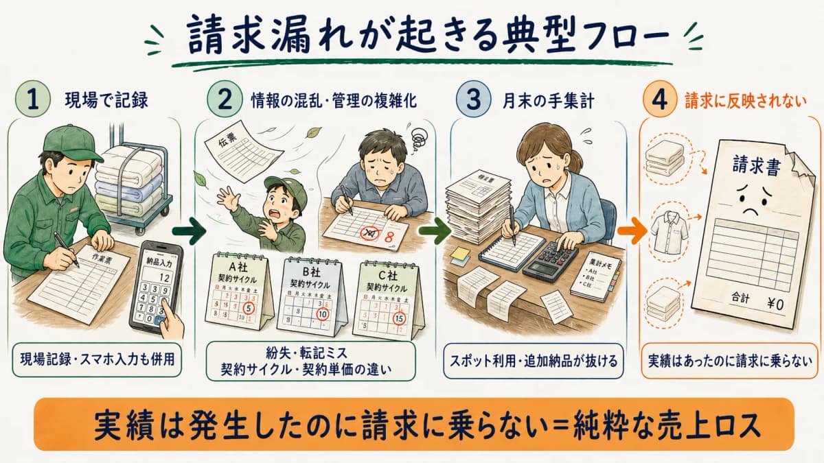 紙伝票の集計漏れと契約サイクル違いから売上の取りこぼしが生じる請求漏れ発生フロー図