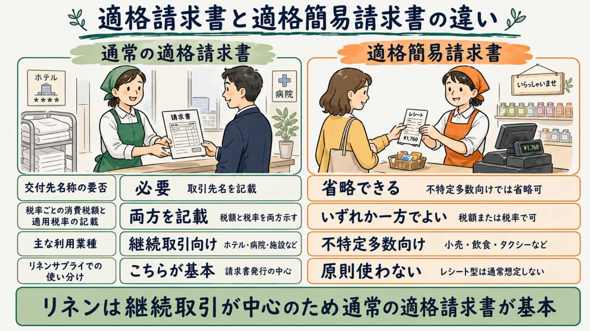 適格請求書と適格簡易請求書の比較表(リネンでの使い分け注記つき)