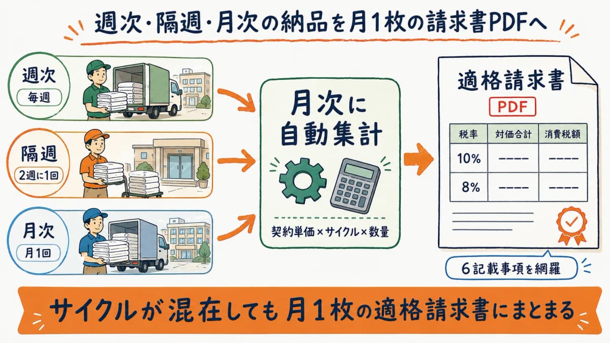 週次/隔週/月次の納品実績→月次1枚の請求書PDFへの集計フロー図