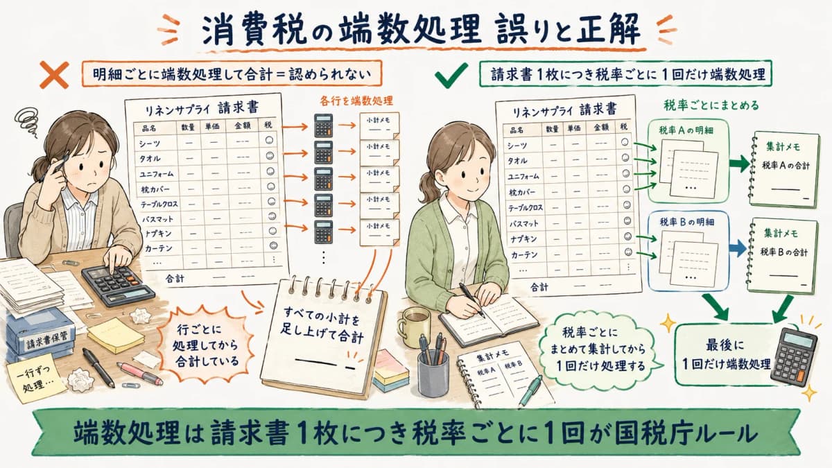 消費税の端数処理 誤り(明細ごと)と正解(税率ごと1回)の対比図