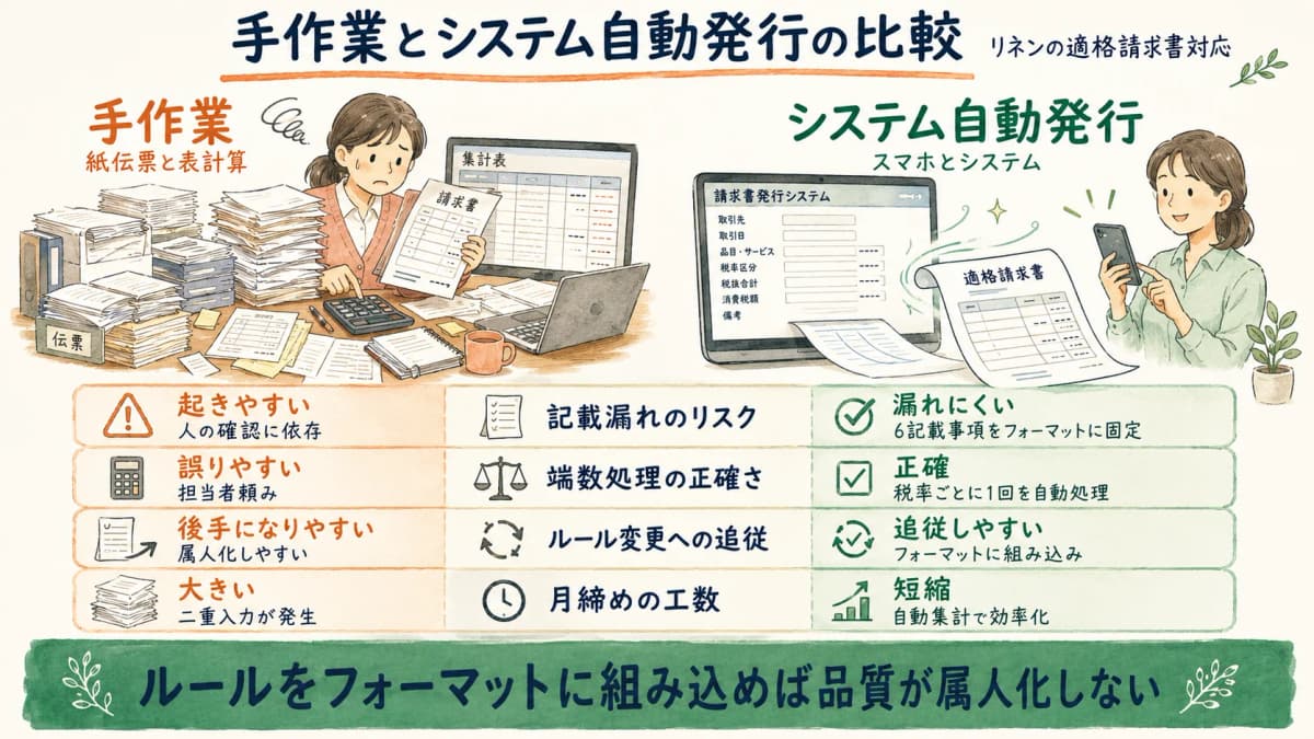 手作業対応とシステム自動発行の比較表