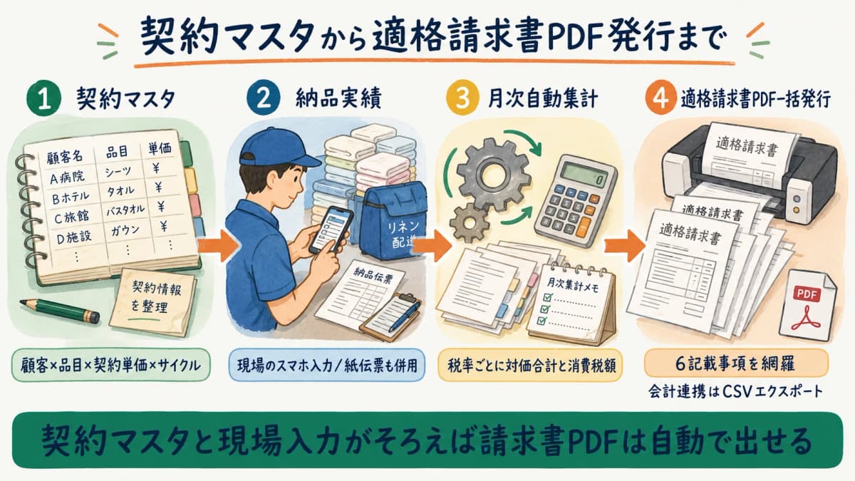 契約マスタ→納品実績→月次集計→適格請求書PDF発行の一気通貫フロー図