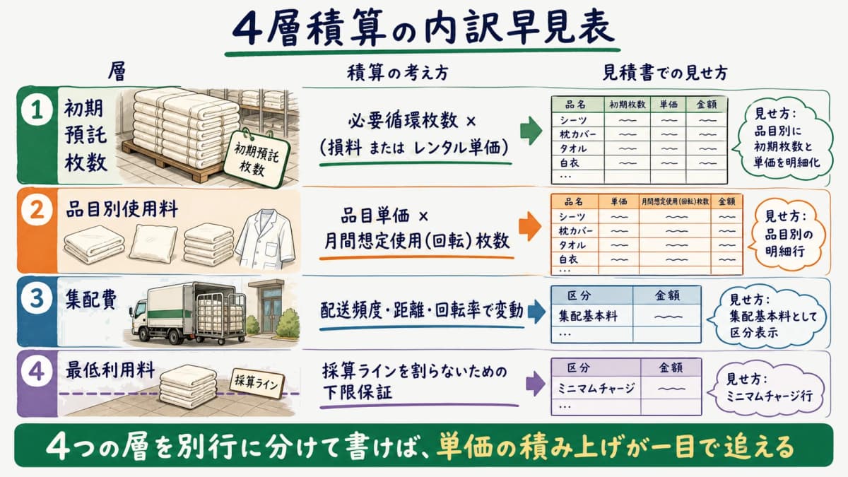 初期預託枚数・品目別使用料・集配費・最低利用料の4層それぞれの積算の考え方を並べた内訳早見表