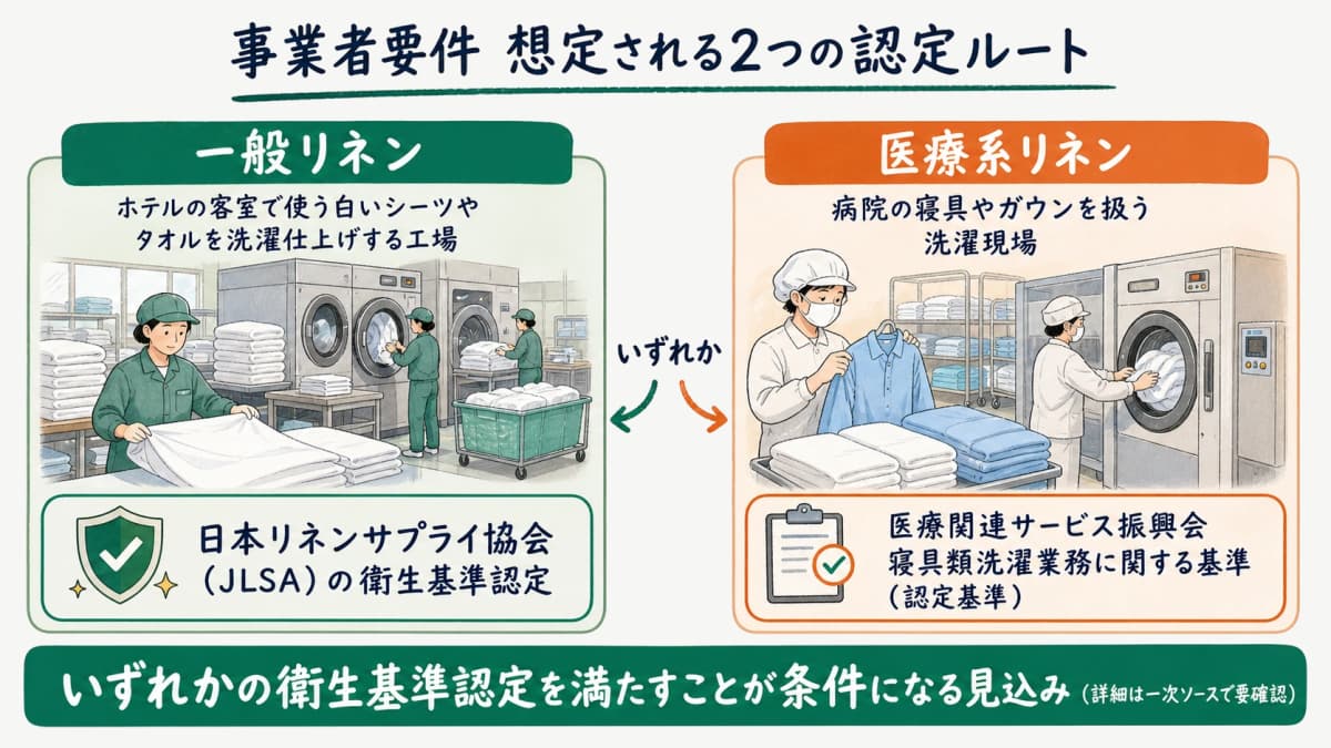 事業者要件として想定される日本リネンサプライ協会の衛生基準と医療関連サービス振興会の認定基準の2ルートを対比した早見表
