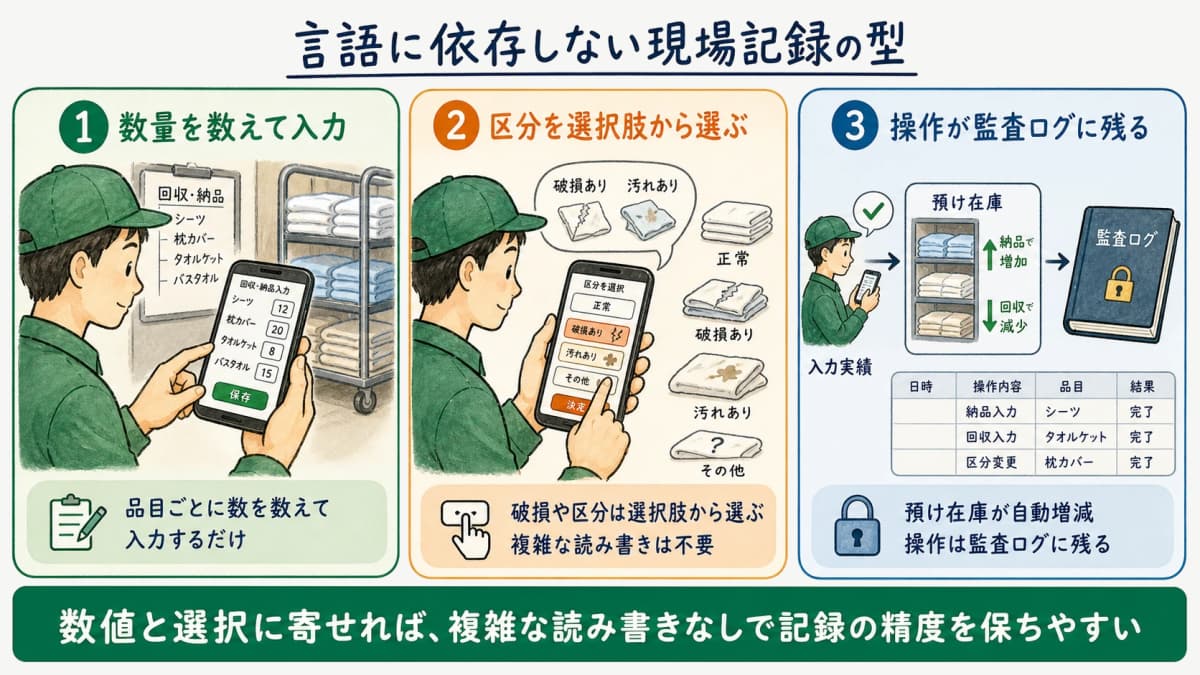 数量を数えて入力・破損や区分を選択肢から選ぶ・操作が監査ログに残るという、言語に依存しない現場記録の型を示した図