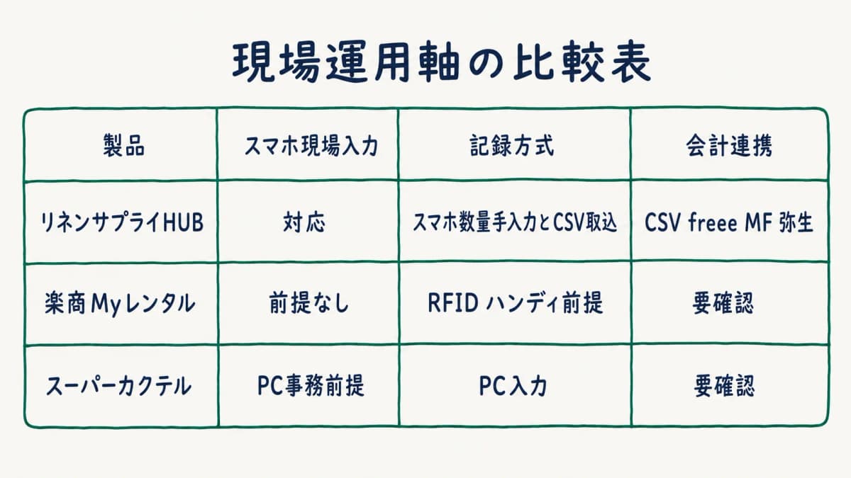 現場運用軸の比較表(スマホ現場入力・RFID/ハンディ有無・会計連携方式)
