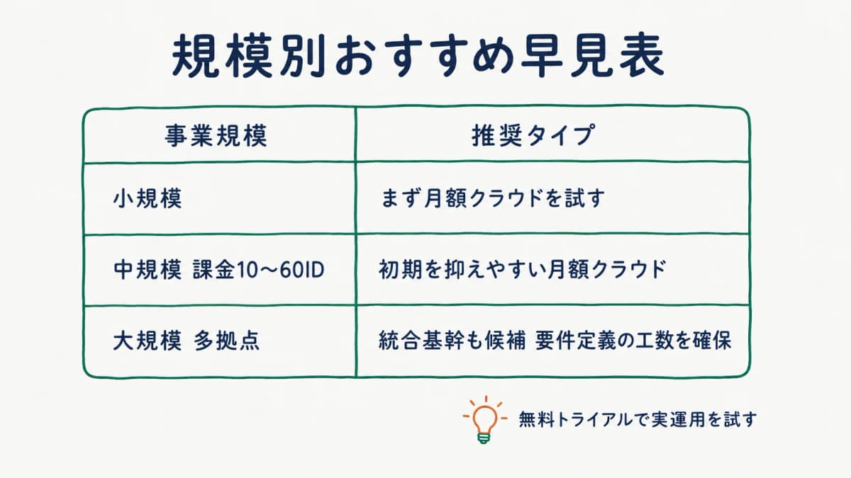 規模別おすすめの早見表(小規模/中規模/大規模×推奨タイプ)