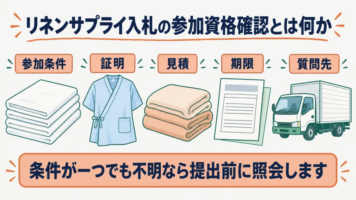 シーツと病衣の入札公告を参加条件・証明・見積・期限・質問先へ分ける図