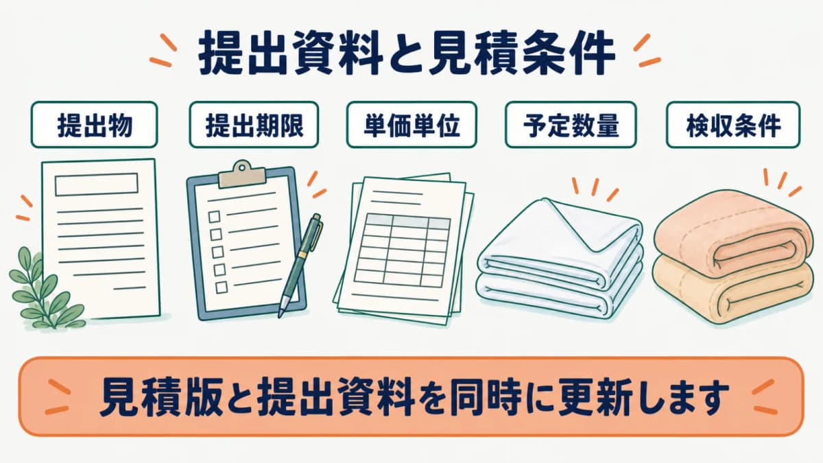 たたんだリネンの提出書類と見積単位と締切を一覧化する図