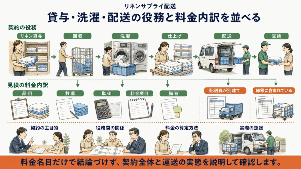 リネン貸与・大型洗濯機での洗濯・集配車による配送と料金内訳を並べる図